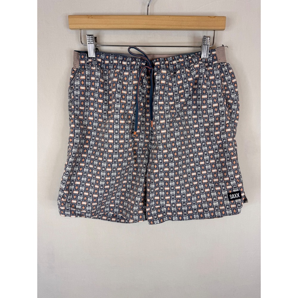 Saxx‎ Cannonball 2N1 Swim Shorts Mens M Blue Orange Geometric Pouch Liner 7in
